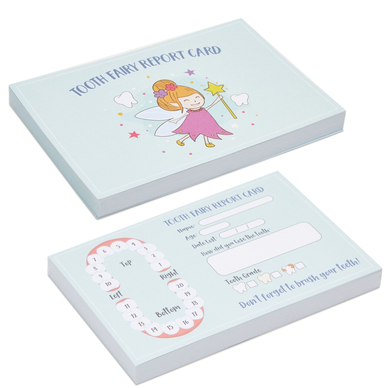 Bright Creations 40 Pack Tooth Fairy Cards, Adorable Keepsakes for Kids, 4x6 Inch Tooth Fairy Notes and Receipts, Tooth Fairy Certificate with Name, Age, Date, and Tooth Grade Fields (Light Blue)